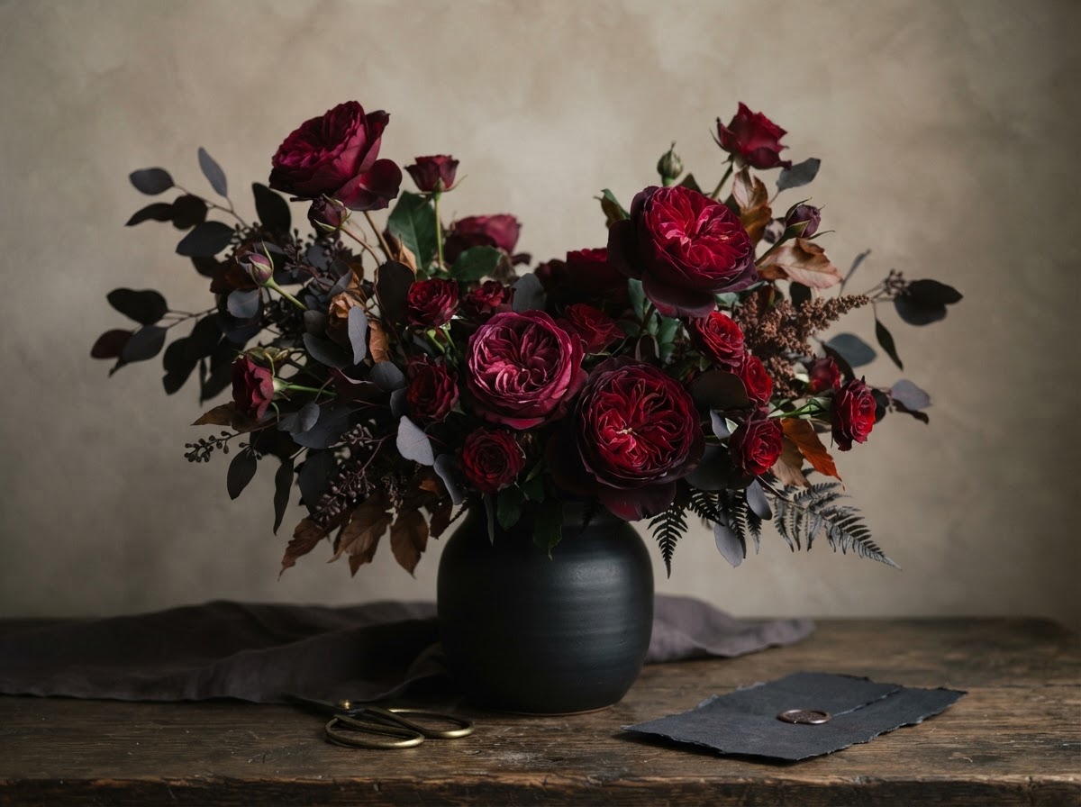 Dramatic dark luxury arrangement of premium deep red and burgundy garden roses with dark eucalyptus in a matte black ceramic vase