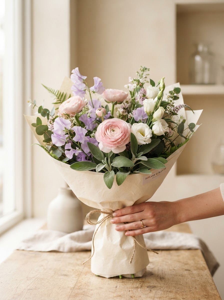 Soft pastel garden bouquet of pink ranunculus, lavender sweet pea, white lisianthus and sage loosely hand-tied in cream paper