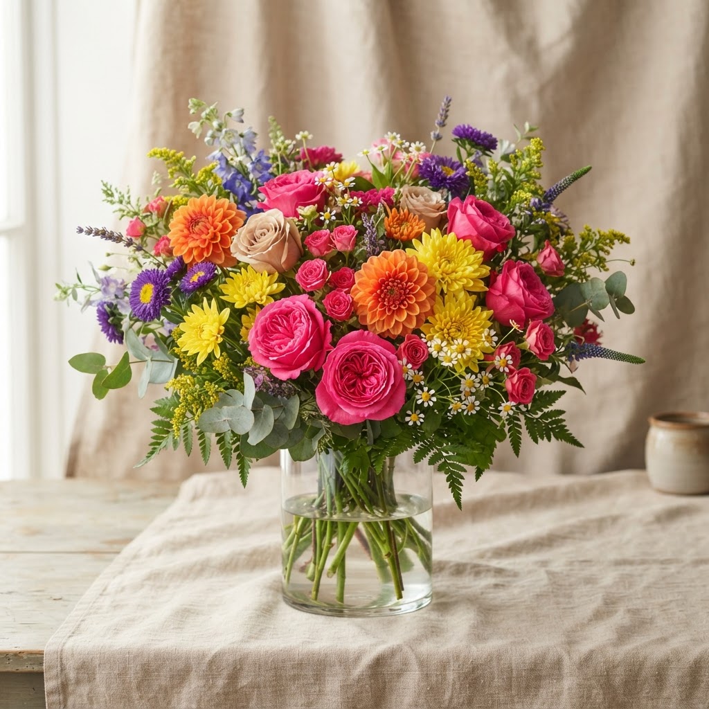 Bright mixed garden arrangement with hot pink roses, orange dahlias, yellow chrysanthemums and purple asters in a clear glass vase
