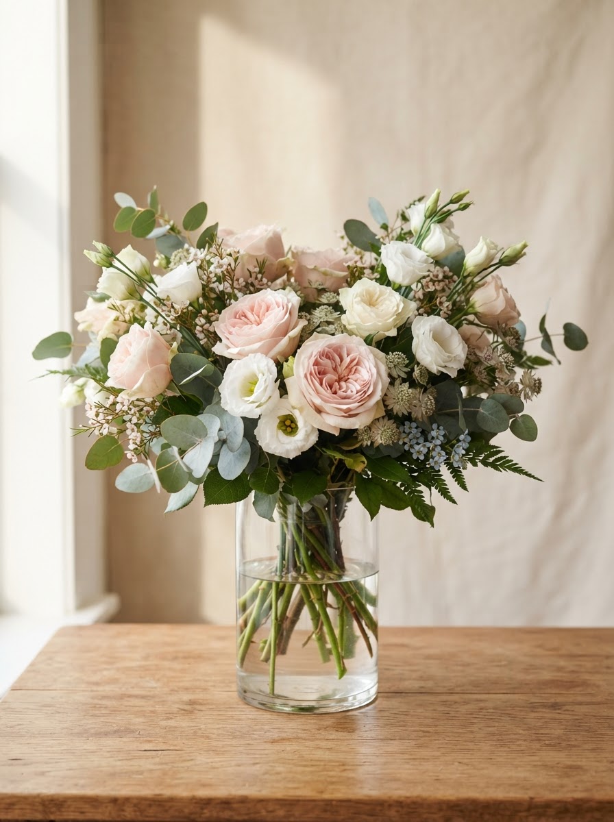 Soft anniversary arrangement of blush and white garden roses with white lisianthus and eucalyptus in a clear glass vase