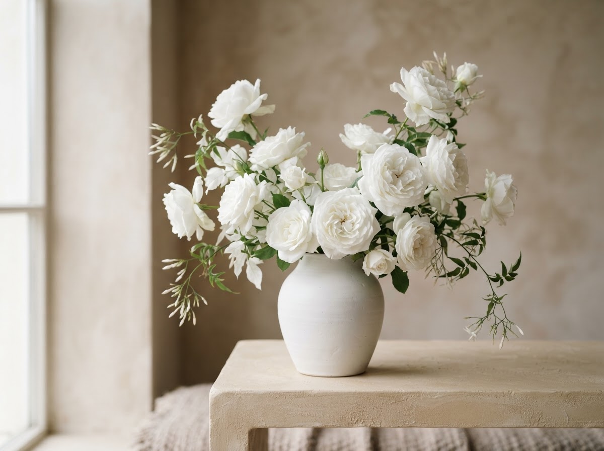 Minimalist all-white arrangement of white roses in a matte white ceramic vase
