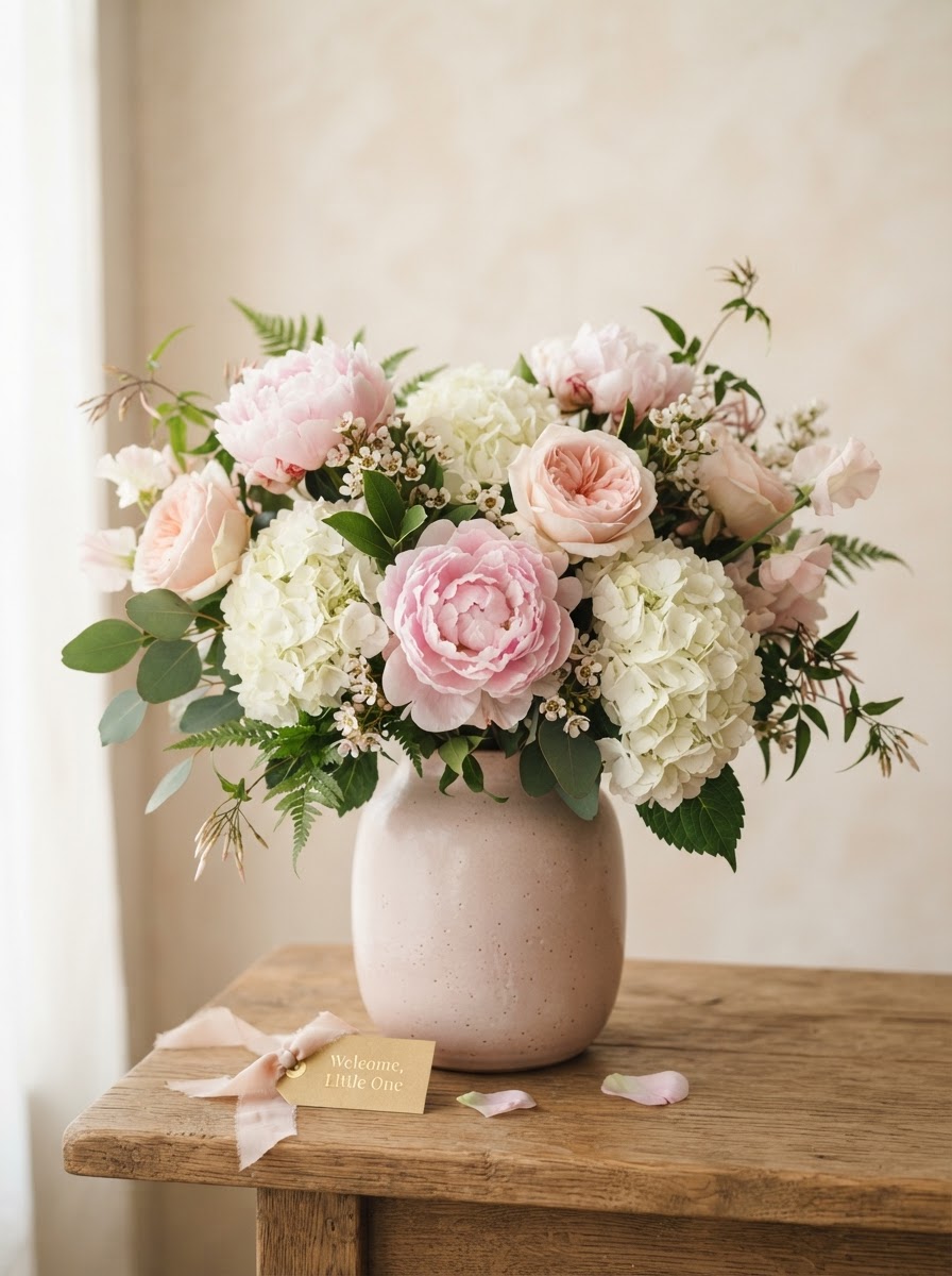 Small delicate new-baby arrangement of soft pink and white blooms with white tulips and pussy willow in a clear glass vase