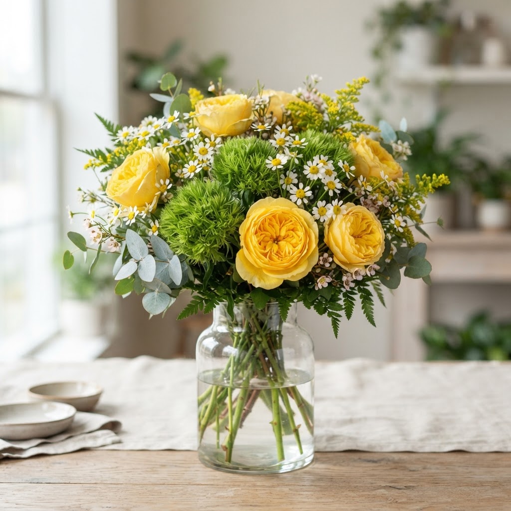 Bright cheerful arrangement of green trick dianthus, yellow roses and white daisies in a clear glass vase