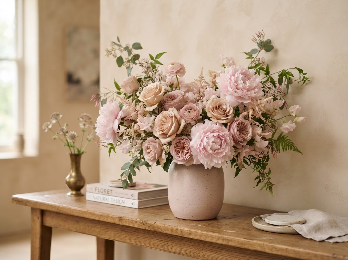 Blush monochrome arrangement with soft pink peonies, champagne roses and dusty pink garden roses in a blush ceramic vase