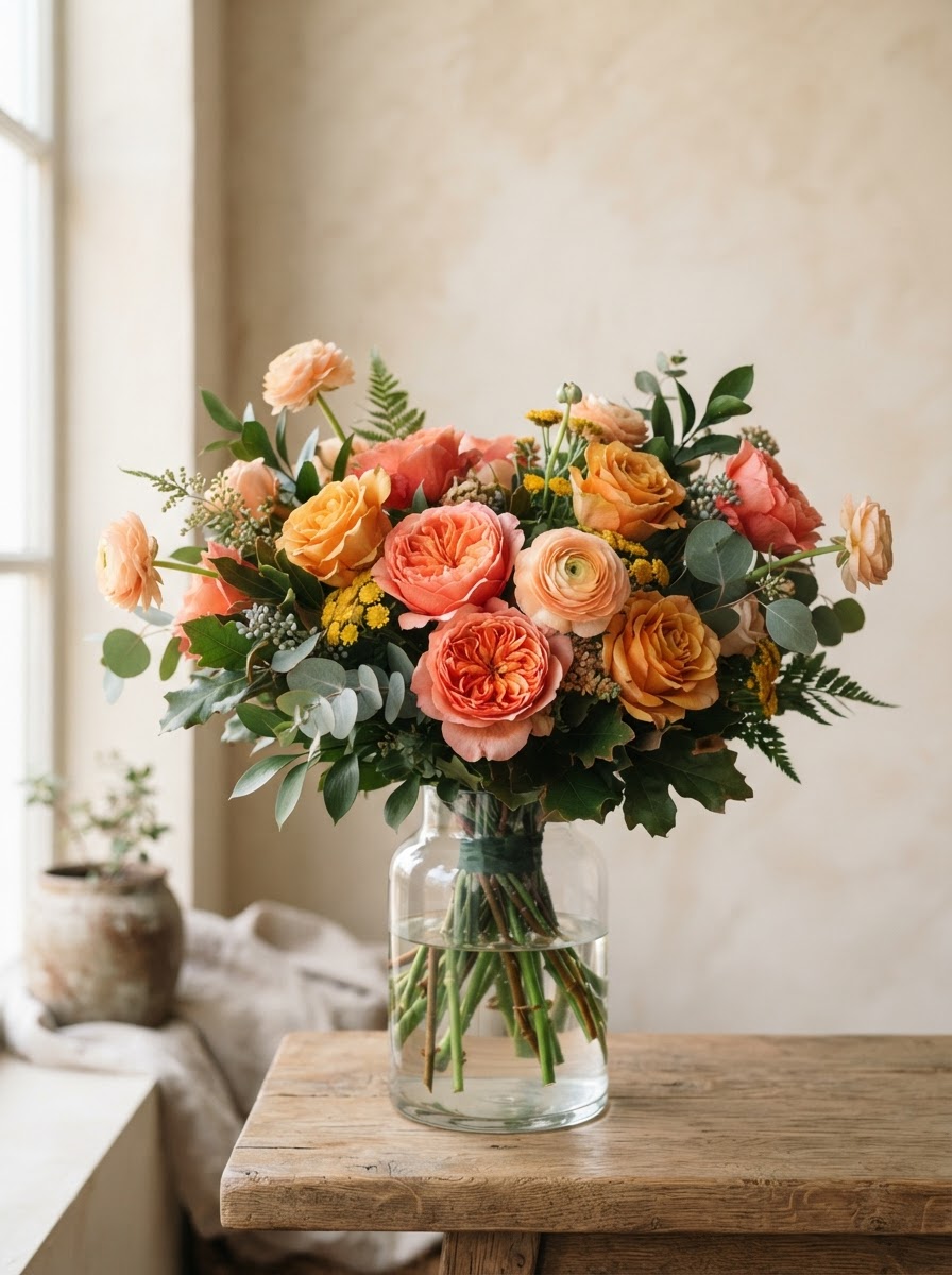 Warm anniversary arrangement of coral and amber roses with peach ranunculus and eucalyptus in a clear glass vase