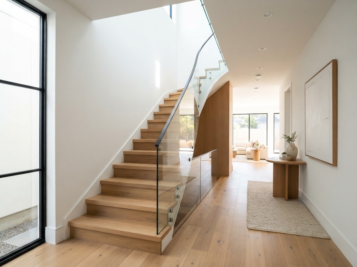Finished modern hallway with smooth drywall walls and wood stairs