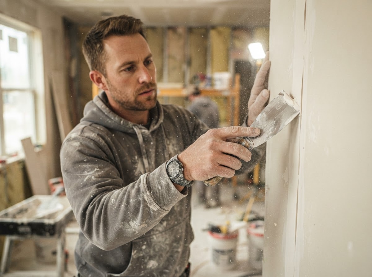 Drywall finisher applying joint compound with a taping knife