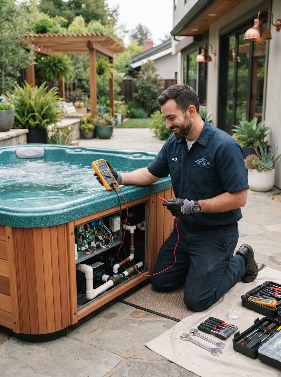 A friendly spa service technician inspecting a hot tub with a multimeter