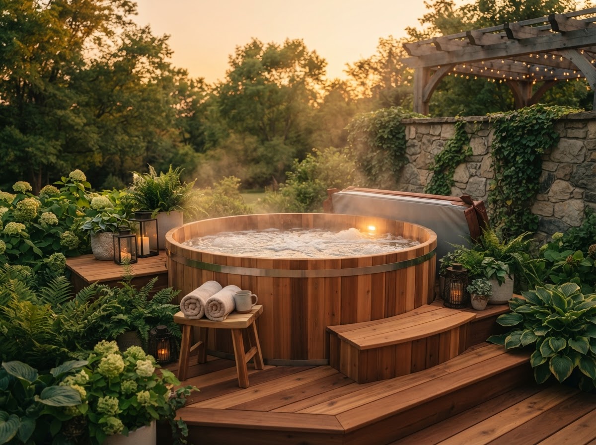 A cedar hot tub steaming at golden hour on a wooden deck surrounded by greenery