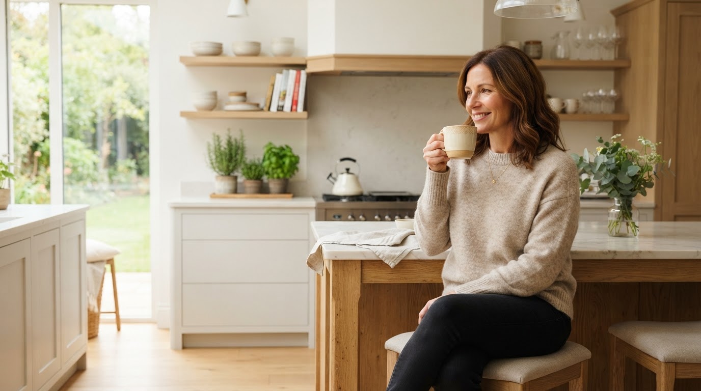 Relaxed natural woman in a bright kitchen enjoying peaceful morning
