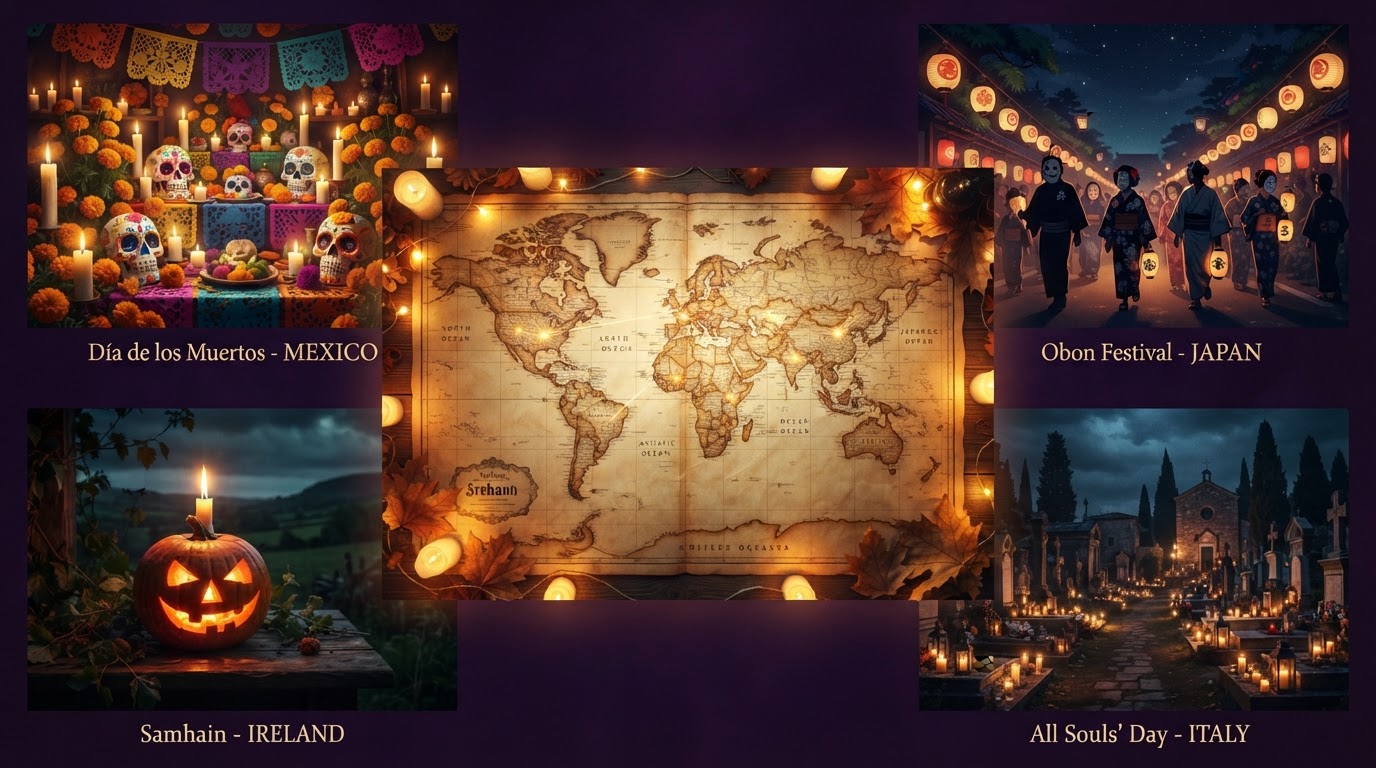 An antique world map glowing with Día de los Muertos sugar skulls and marigolds, an Irish carved turnip, a Japanese costume parade silhouette, and an Italian candlelit cemetery — Halloween around the world.