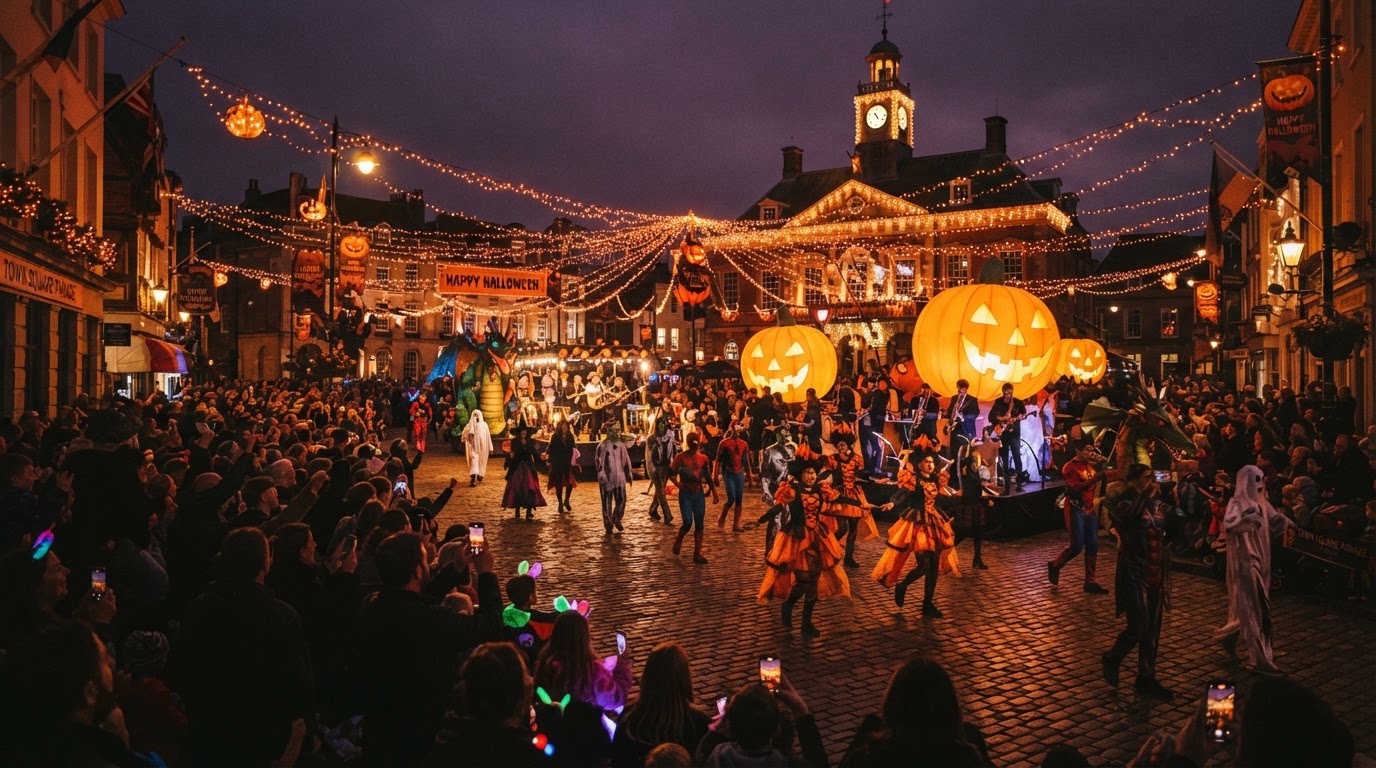 A Halloween parade at dusk — costumed characters and giant pumpkin inflatables in a town square under orange string lights with a crowd in silhouette.