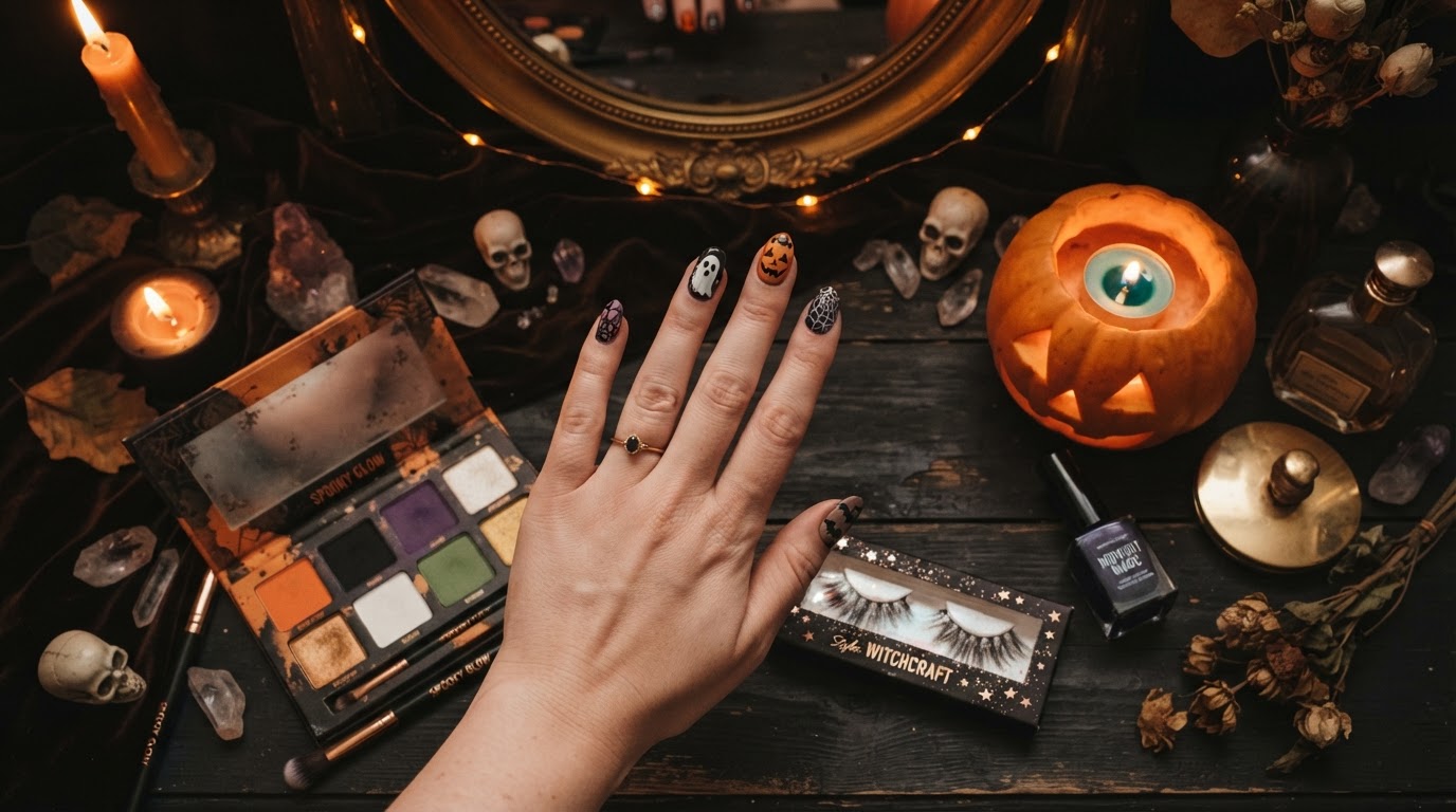 A Halloween beauty and nails flat-lay — a hand with spooky ghost and jack-o'-lantern nail art, a face-paint makeup palette, decorative false eyelashes, and a carved pumpkin on a dark vanity with warm amber glow and a mirror.
