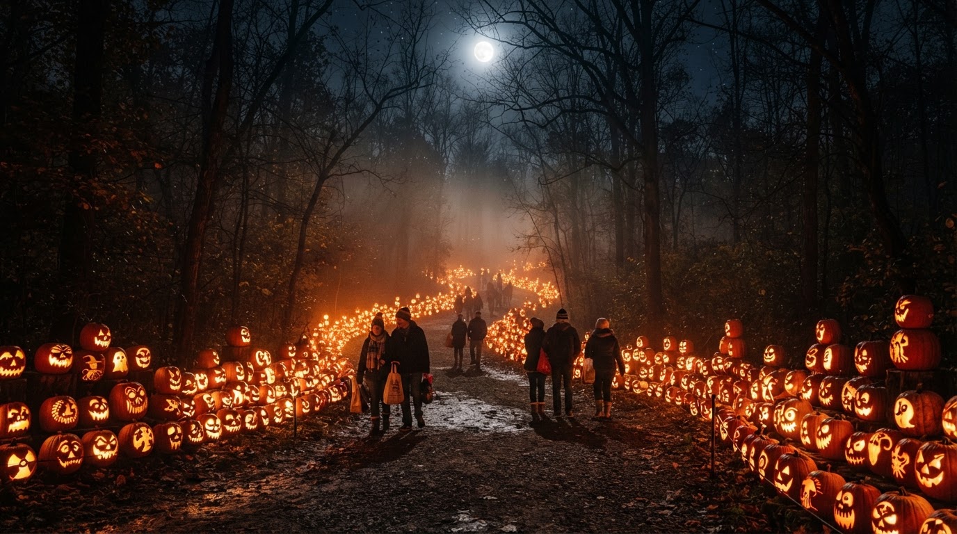 The Jack O'Lantern Spectacular in Louisville — a winding night trail through Iroquois Park lined with thousands of intricately carved glowing pumpkins, bare autumn trees, drifting fog, and a full moon.