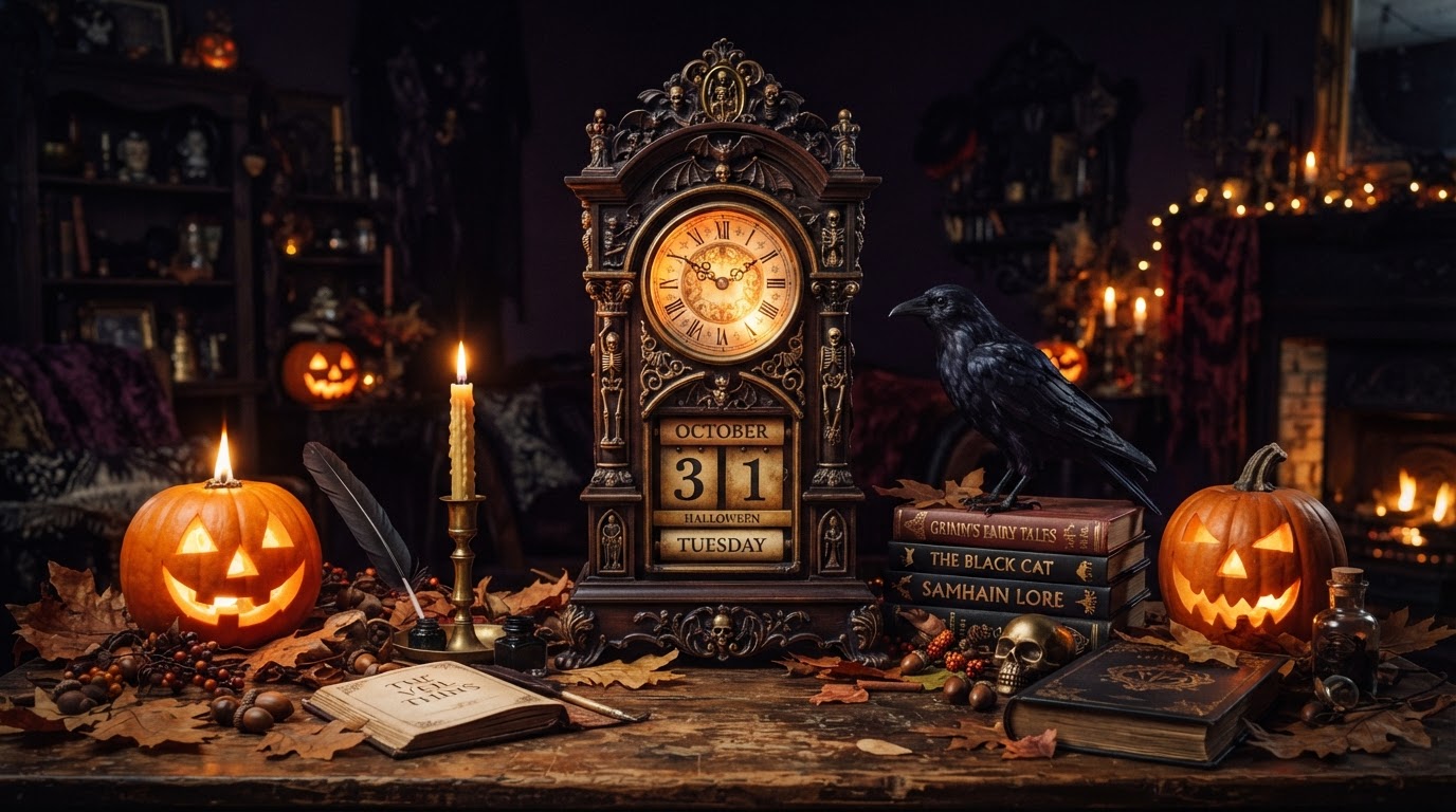 A large ornate antique clock and calendar surrounded by carved jack-o'-lanterns, a raven, dried autumn leaves, and a flickering candle on a moody table.