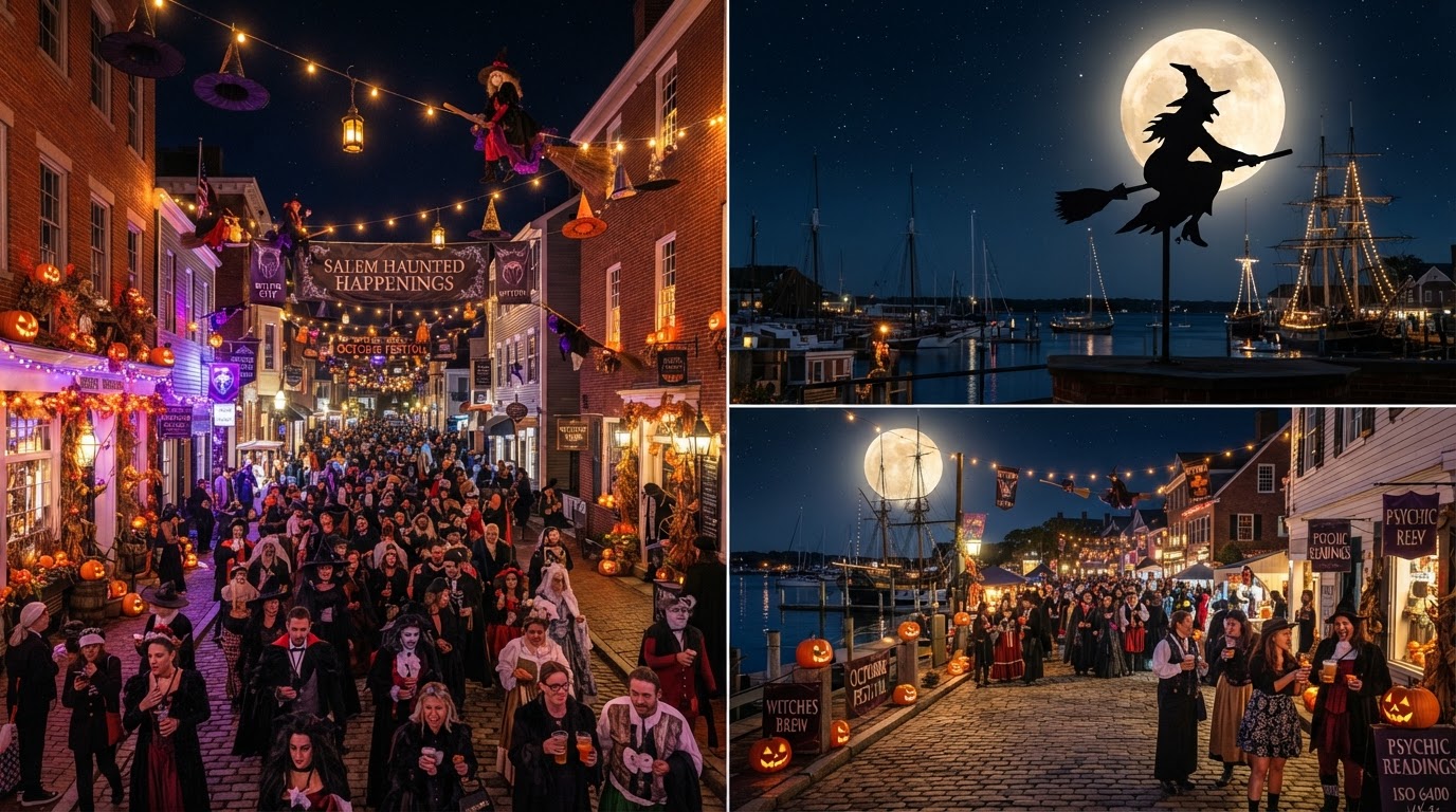 Salem Haunted Happenings — a historic New England waterfront town decked with witch hats, brooms, and carved jack-o'-lanterns, a costumed crowd, orange and purple string lights, and a full moon over the harbor.