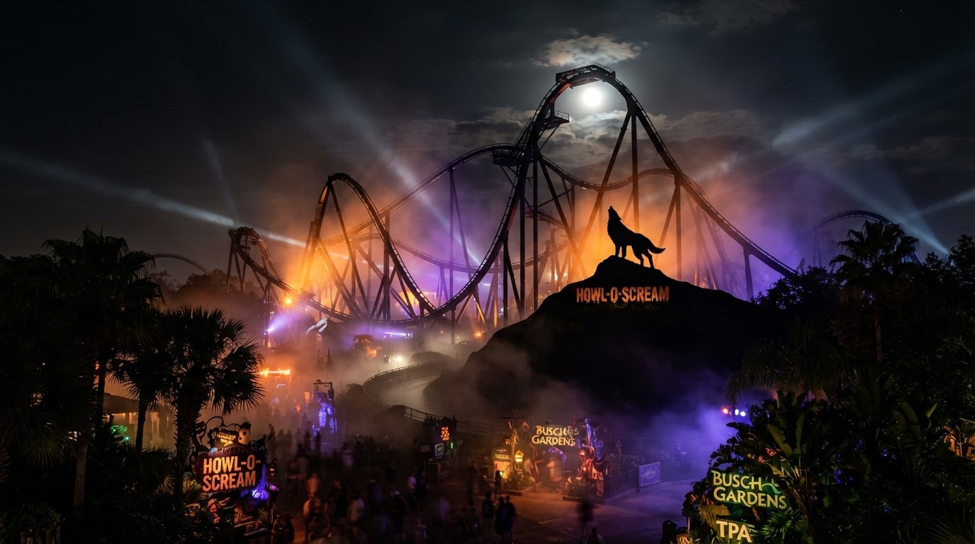 Howl-O-Scream at Busch Gardens Tampa — a roller coaster silhouette with a howling wolf outline on a hill, rolling fog, searchlights, palm trees, and a full moon.