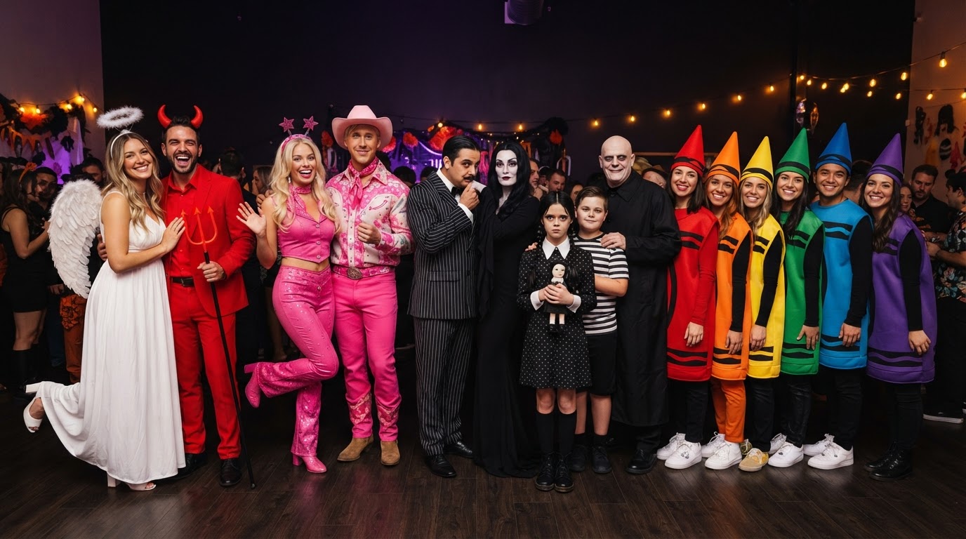 A coordinated couples and group Halloween costume lineup — an angel and devil pair, Barbie and Ken, the Addams Family, and a crayon squad — posed together under warm amber party lights against a deep purple-black backdrop.