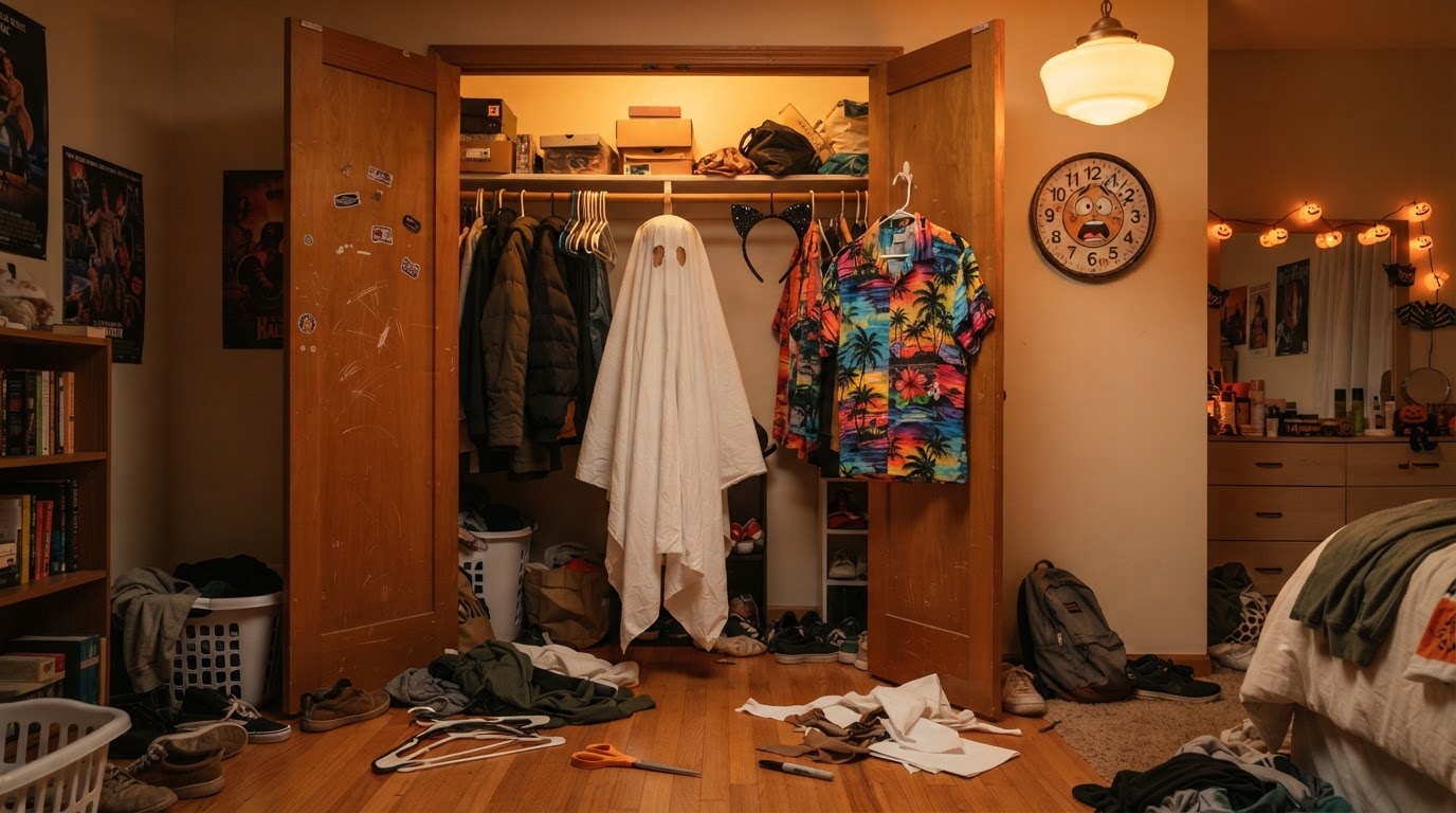 An open bedroom closet with a white bedsheet ghost, black cat-ear headband, and a tourist Hawaiian shirt on hangers, plus a panicked clock, scissors, and a marker — last-minute Halloween costumes from a closet.