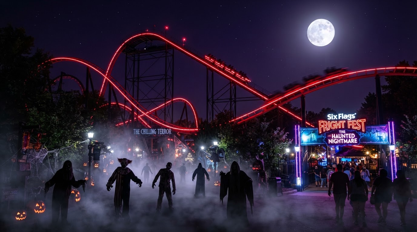 Six Flags Fright Fest at night — a tall roller coaster with glowing red track lights threading through a dark amusement park, rolling fog in a scare zone, monster scare actors in silhouette, and a full moon.