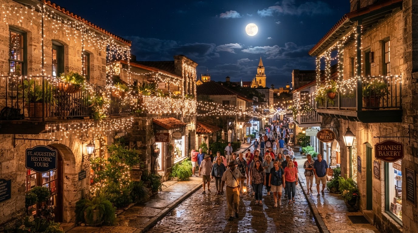 St. Augustine Nights of Lights — millions of tiny white string lights draping a colonial Spanish old city at night, coquina stone buildings glowing, a lantern-lit walking tour along cobblestone streets, warm white and amber glow, and a full moon.