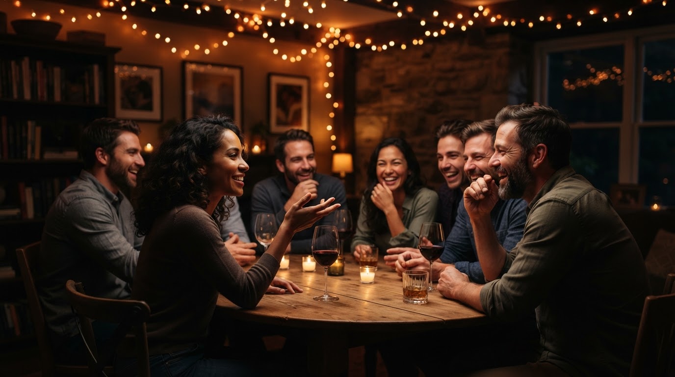 Adults seated around a warmly lit table playing a social-deduction parlor game with drinks and candles and no physical props, orange and amber string lights overhead — supply-free Halloween games for adults.