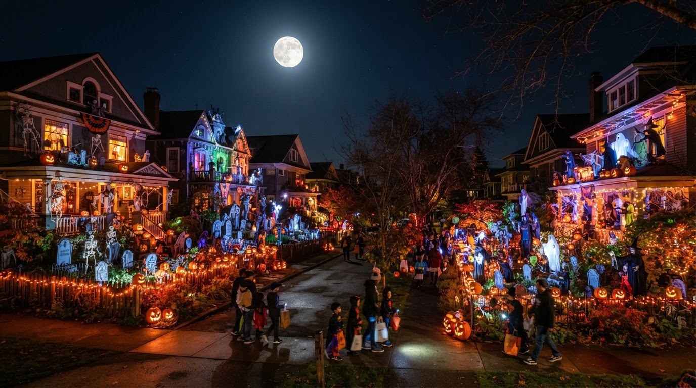 Georgetown Yard Displays in Seattle — a residential block at night with elaborate haunted-house front yard displays and glowing Halloween decorations on every lawn, carved pumpkins and string lights, and a full moon.