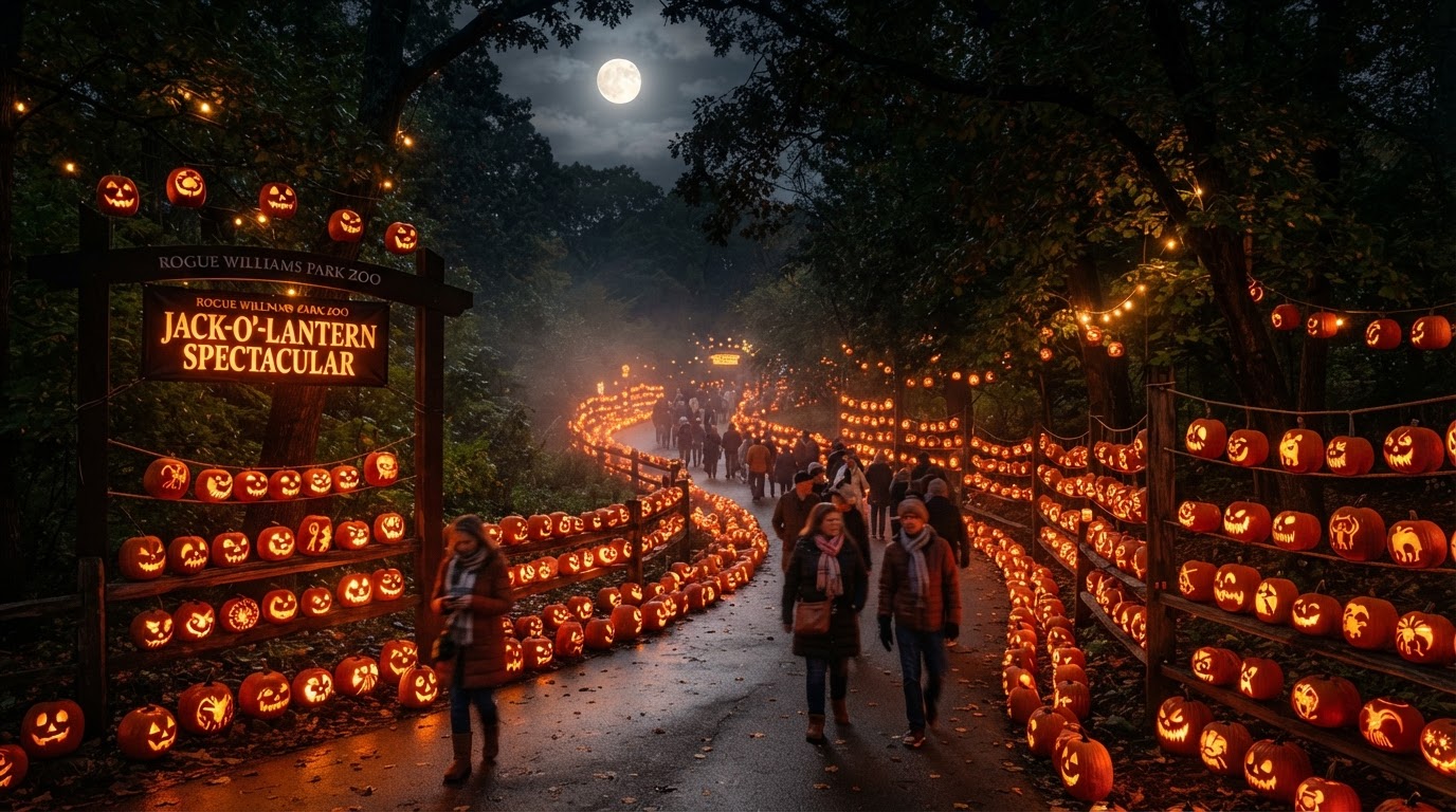 The Jack O'Lantern Spectacular at Roger Williams Park Zoo — a walking path at night lined with thousands of carved glowing pumpkins on railings and along the ground, leafy trees overhead, mist, and a full moon.