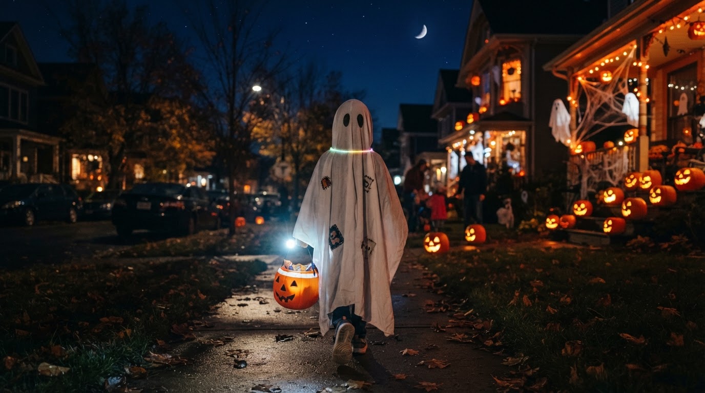 Trick-or-treaters at night seen from behind — a child in costume holding a glowing flashlight and a reflective candy bucket walking down a dim street lit by warm porch jack-o'-lanterns.