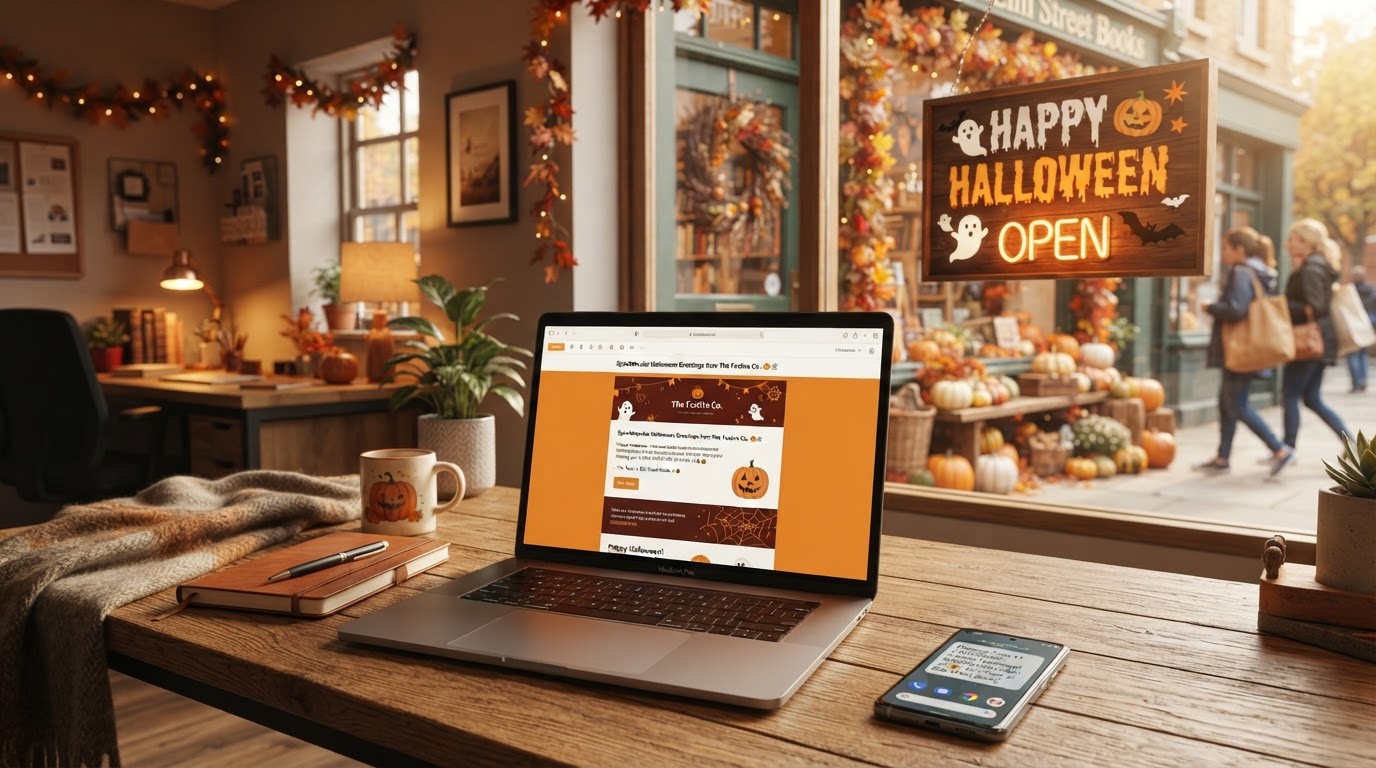 A business Halloween greetings scene — a laptop showing a festive branded email with a pumpkin emoji, a phone with a friendly SMS alert, and a retail storefront window sign with autumn decor.