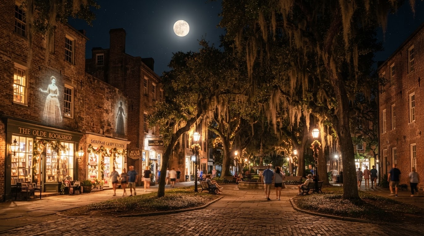 Savannah Lantern Squares — a moss-draped historic Savannah square at night with glowing lanterns, ghostly light projections on old brick buildings, decorated storefronts, Spanish moss, warm glow, and a full moon.
