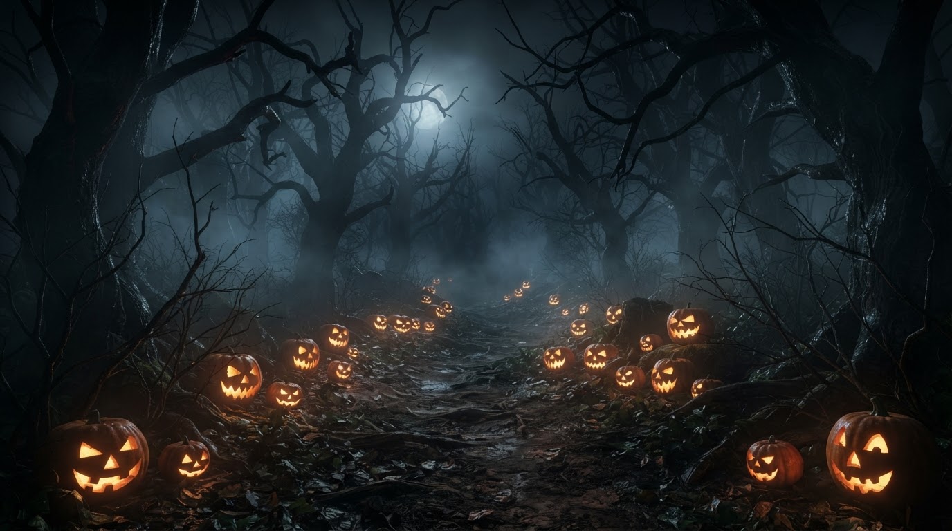 A misty haunted forest path lit by glowing jack-o'-lanterns