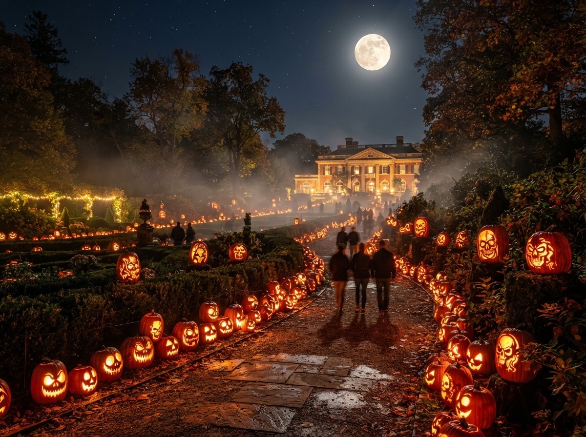Rise of the Jack O'Lanterns in Old Westbury — a Long Island estate garden trail lined with thousands of lit jack-o'-lanterns in themed carving scenes, an elegant lit mansion in the distance, and a full moon.