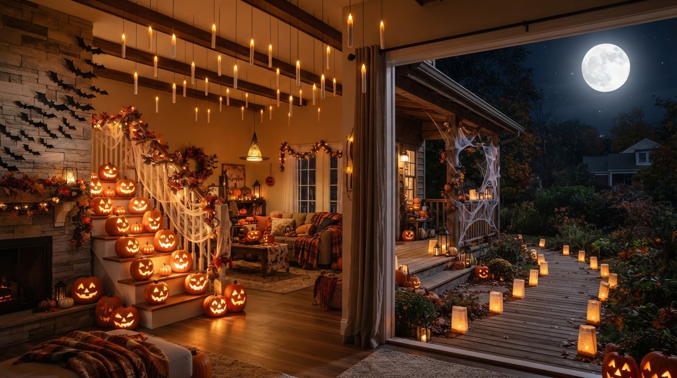 Halloween décor across a living room and porch — cheesecloth cobwebs, paper bats on the wall, a floating-candle Great Hall ceiling, a pumpkin-lined staircase, and a glowing jack-o'-lantern walkway under a full moon.