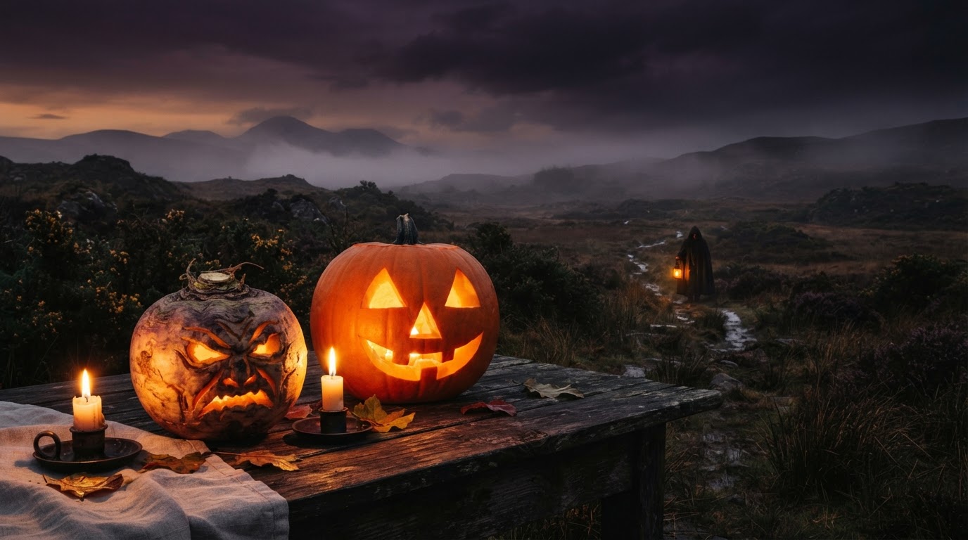 A carved turnip and a glowing carved pumpkin side by side on a wooden table, with the silhouette of a wandering figure carrying a coal lantern across a misty Irish moorland at dusk — the origins of the jack-o'-lantern.