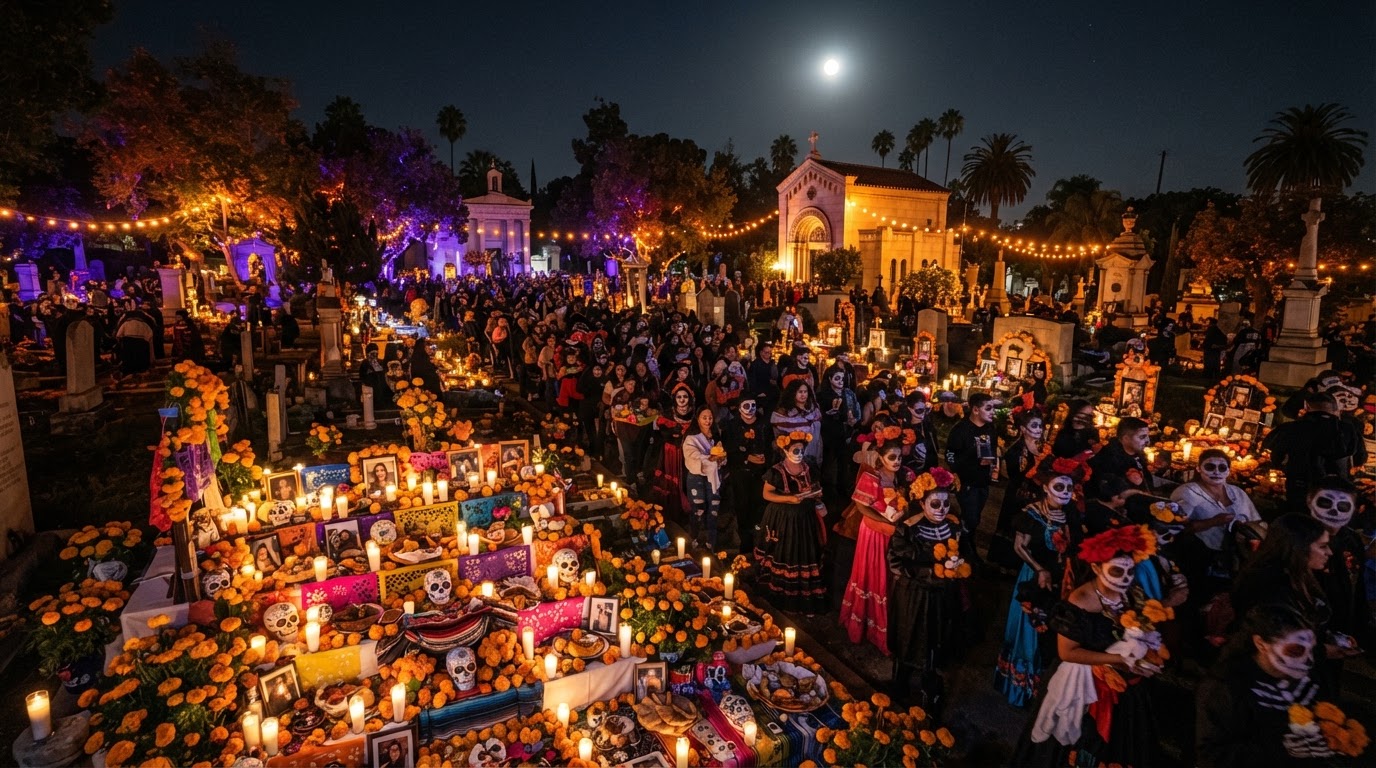 Día de los Muertos at Hollywood Forever Cemetery — a Day of the Dead celebration with glowing marigolds, sugar skulls, decorated ofrenda altars, rows of candles, a costumed crowd with painted faces, and a full moon.