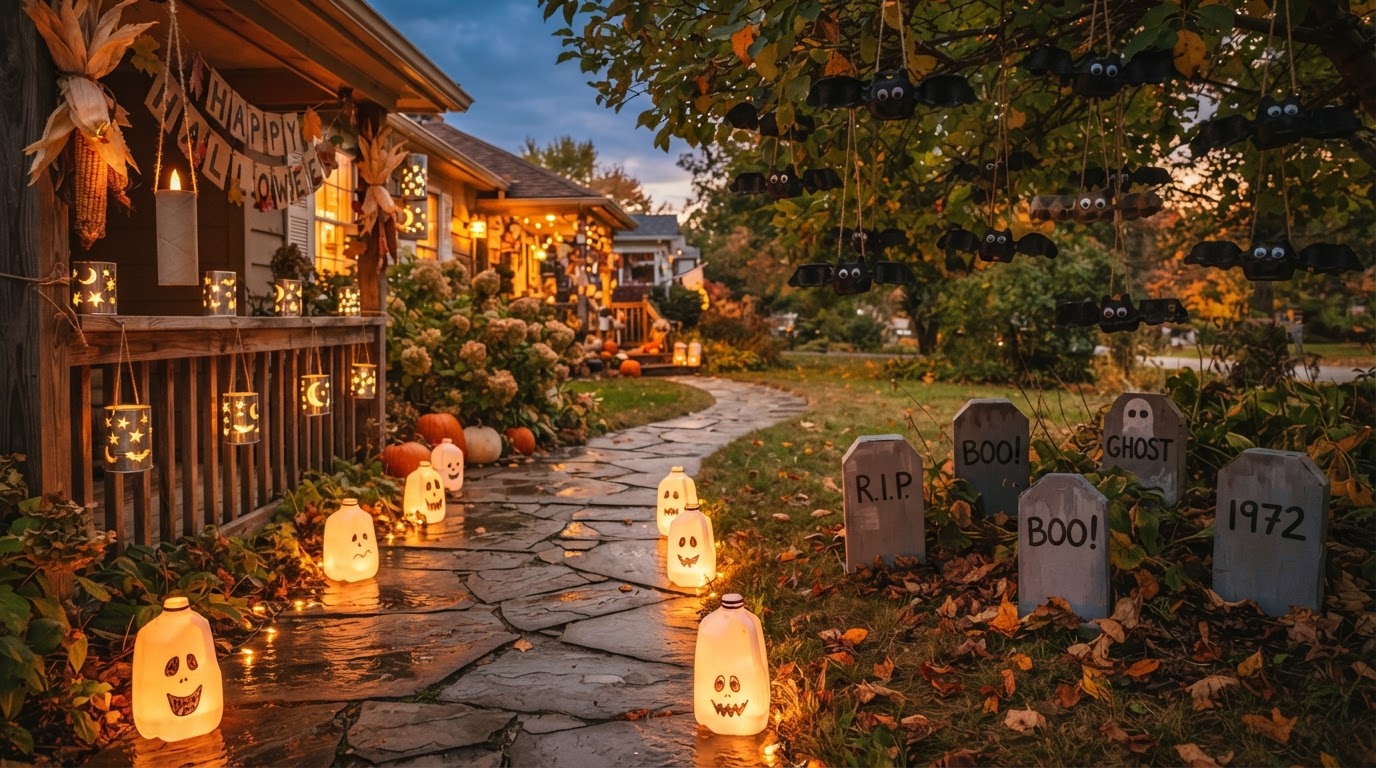 Eco-friendly recycled Halloween décor — glowing milk-jug ghost lanterns on a walkway, cardboard tombstones, egg-carton bats, punched tin-can lanterns, and a paper-towel-tube floating candle at autumn dusk.