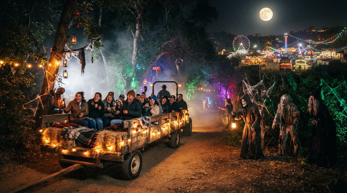 The Los Angeles Haunted Hayride — a vintage hay wagon rolling through a lit haunted forest scene in Griffith Park at night, scare actors in costume by the trail, a glowing carnival midway in the distance, fog, and a full moon.