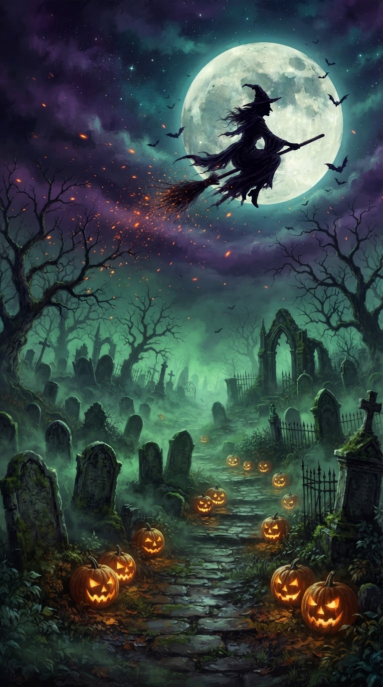 A witch on a broomstick flying across a glowing full moon