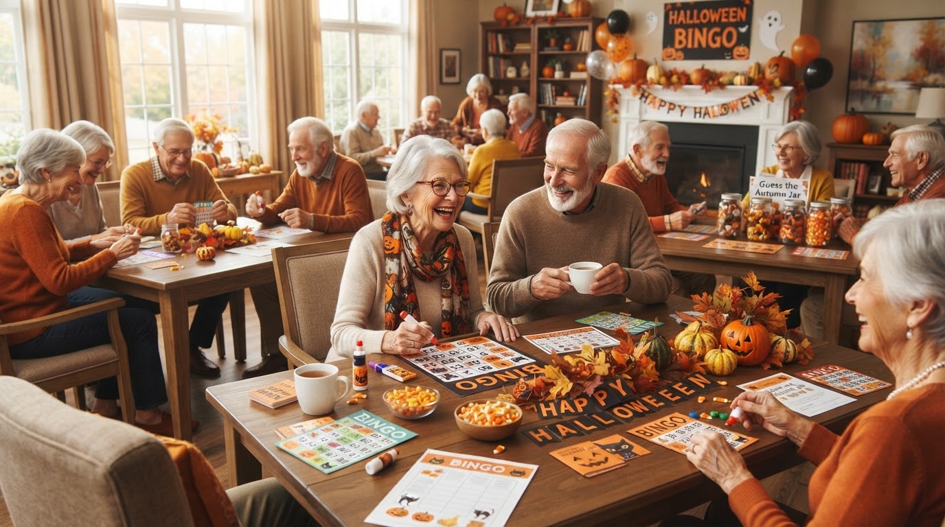 A sunlit community room with older adults comfortably seated around tables playing festive bingo and a guessing game, warm tea, large-print pumpkin cards, and autumn-leaf decorations — seated Halloween games for seniors.
