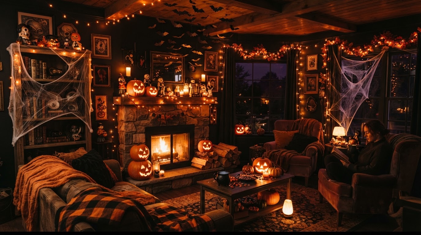 A cozy living room draped in Halloween decorations — cheesecloth cobwebs, lit jack-o'-lanterns, hanging paper bats, and flickering orange string lights under a warm amber glow.