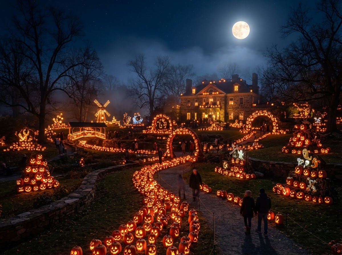 The Great Jack O'Lantern Blaze — thousands of hand-carved glowing jack-o'-lanterns arranged in rivers, tunnels, and arches at historic Van Cortlandt Manor in the Hudson Valley under a full moon.