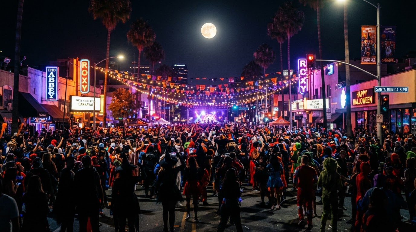 The West Hollywood Halloween Carnaval — a packed Santa Monica Boulevard street party with a huge costumed crowd in silhouette, disco and party lights, palm trees, and a full moon.