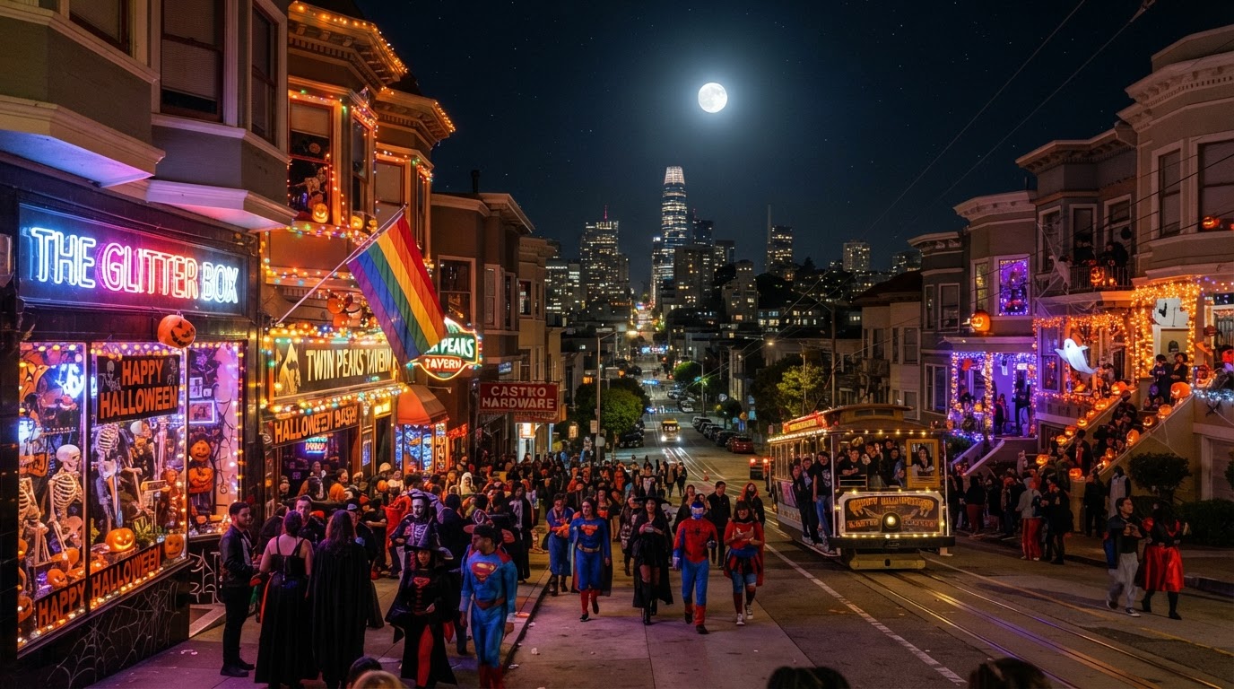 Castro Halloween Lights — a San Francisco neighborhood block at night on October 31 with storefronts and stoops blazing in colorful Halloween string lights and decorated displays, party lights, and a full moon.