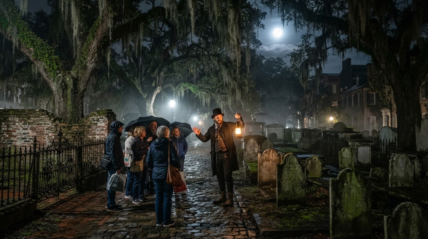 A Savannah ghost tour at night — a historic square draped in Spanish moss, old brick cemetery with moss-covered tombstones, a guide with a glowing lantern, wrought-iron fences, cobblestones, drifting mist, and a full moon.