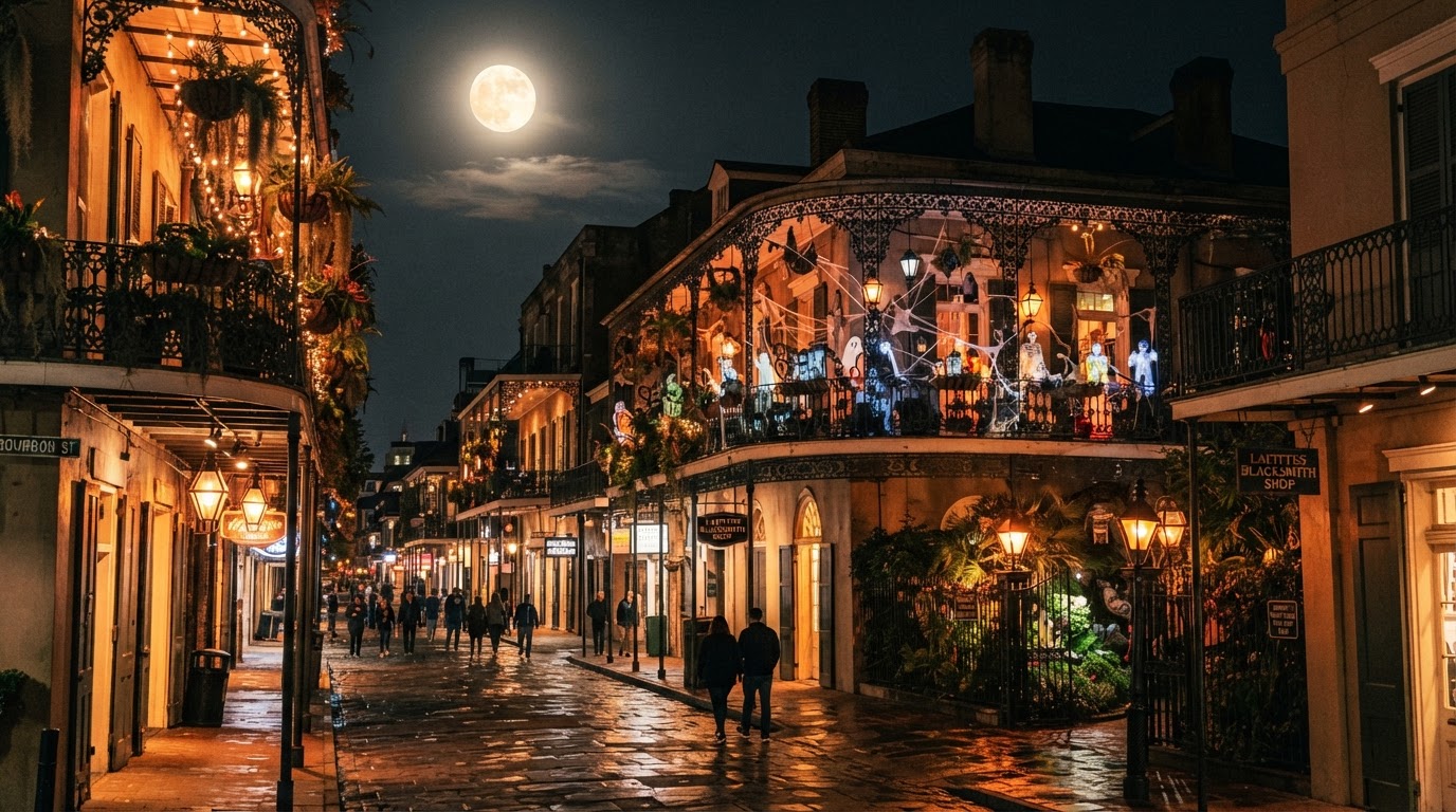 French Quarter Haunted Decor in New Orleans — haunted mansion balconies glowing at night, courtyard lanterns, wrought-iron railings, spooky porch displays, old gas lamps, warm amber and orange glow, and a full moon.
