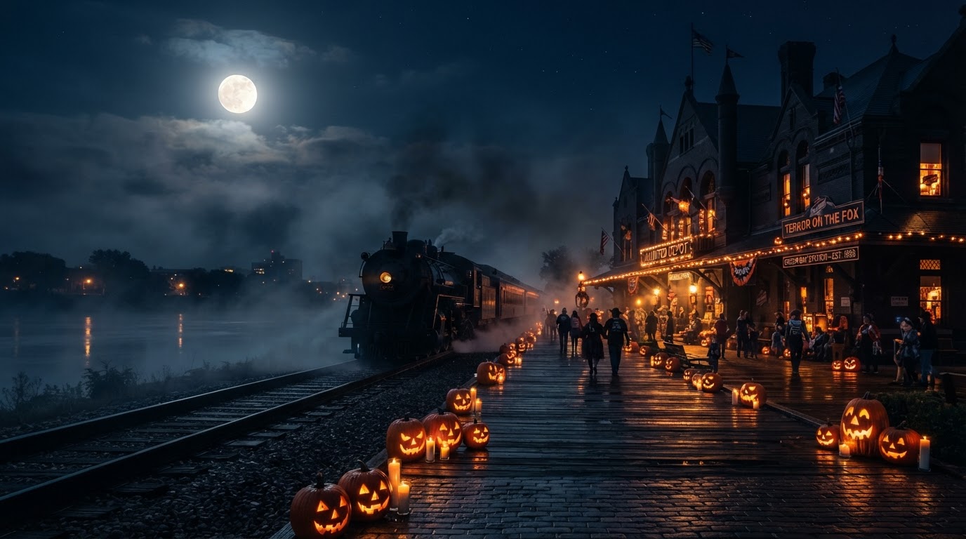 Terror on the Fox in Green Bay — a historic brick train depot at night with a vintage locomotive in silhouette, railroad tracks, carved jack-o'-lanterns along the platform, fog off the Fox River, and a full moon.