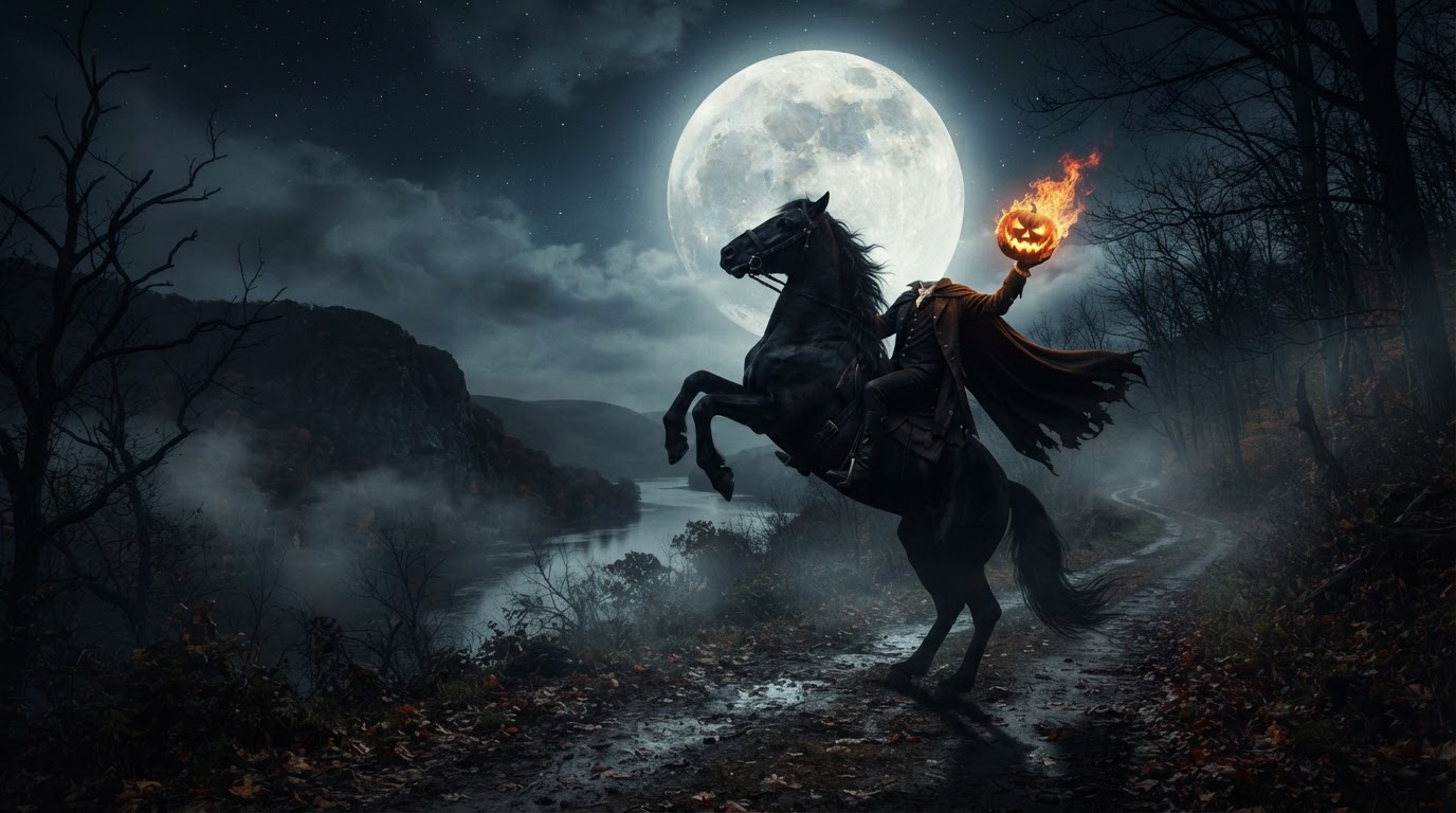 The Headless Horseman on a rearing black horse in silhouette holding a flaming jack-o'-lantern head, riding along the autumn Hudson River Valley under a full harvest moon.