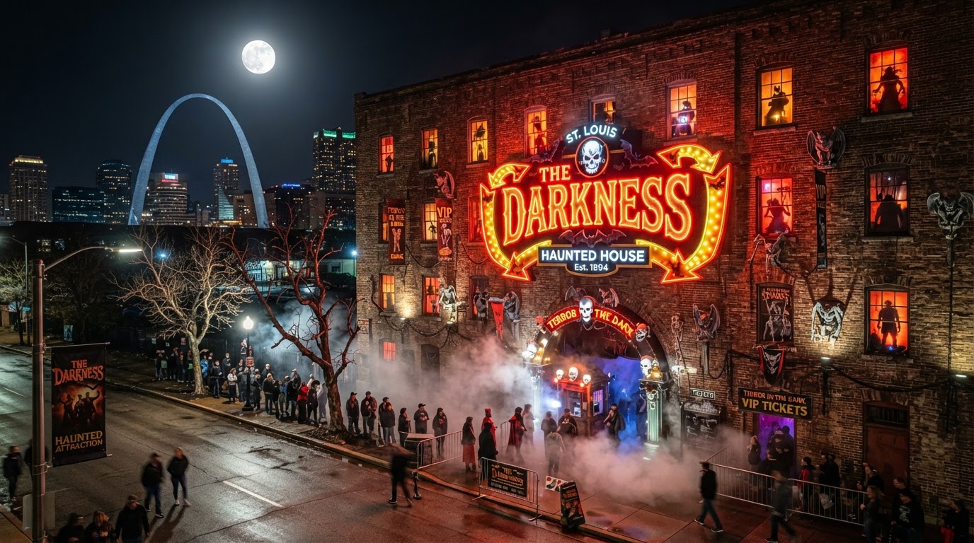 The Darkness haunted attraction in downtown St. Louis — a brick warehouse facade with eerie glowing windows, a glowing neon sign, rolling fog at the entrance, bare trees, and a full moon over the city.