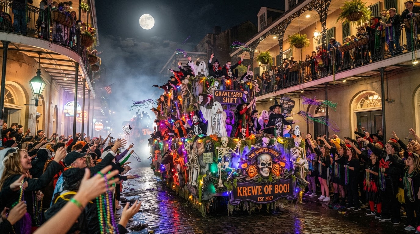 The Krewe of Boo parade in New Orleans — a Mardi Gras-style spooky parade float rolling down a French Quarter street, costumed riders throwing beads, historic gas-lamp balconies and wrought-iron, fog, and a full moon.